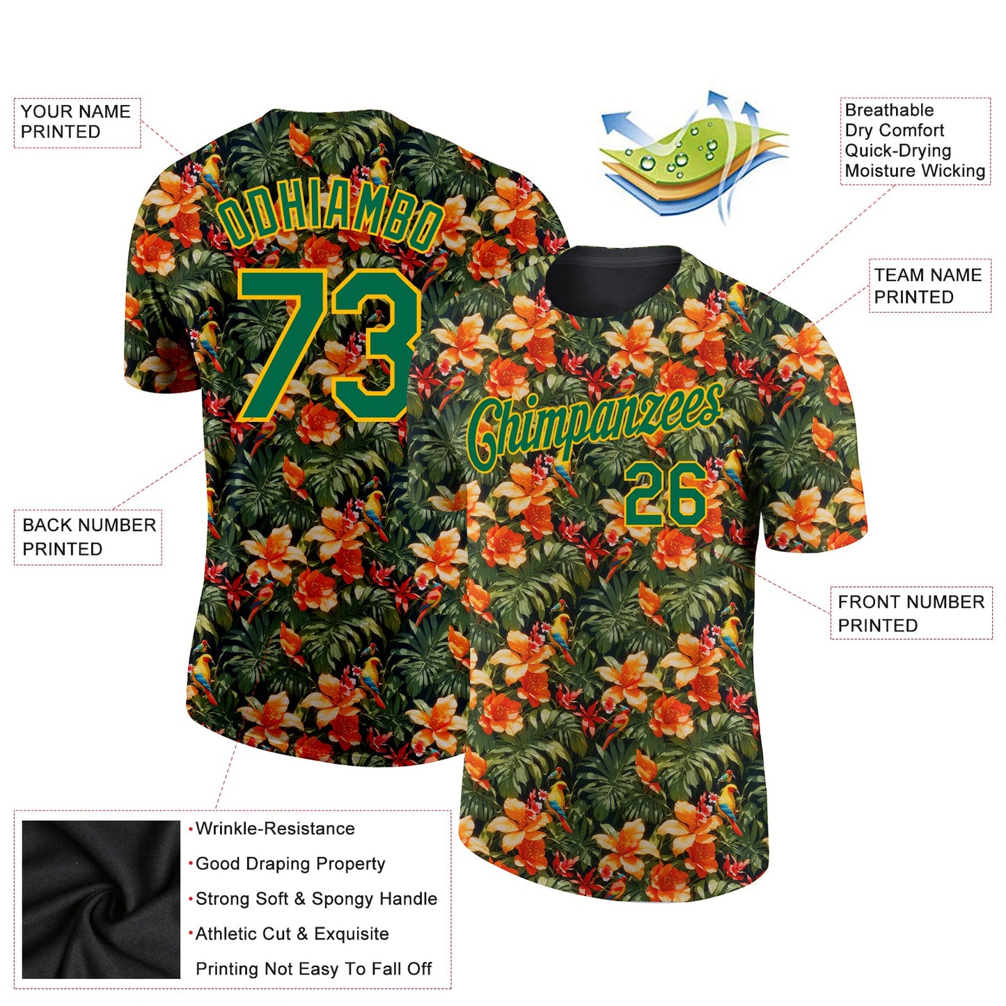 Custom Black Green-Yellow 3D Pattern Design Tropical Hawaii Plant With Bird Performance T-Shirt view 2