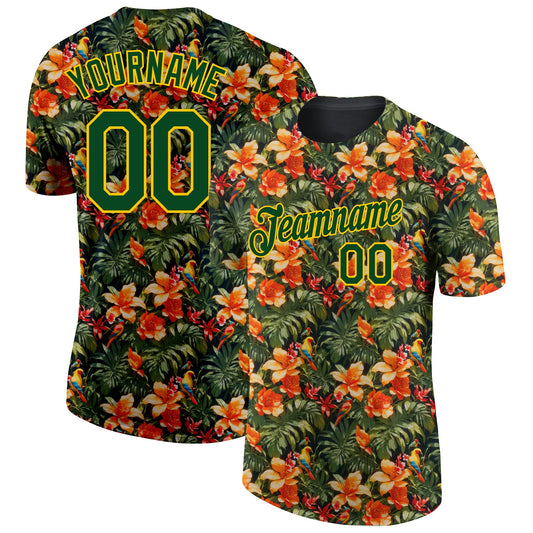 Custom Black Green-Yellow 3D Pattern Design Tropical Hawaii Plant With Bird Performance T-Shirt - Main View