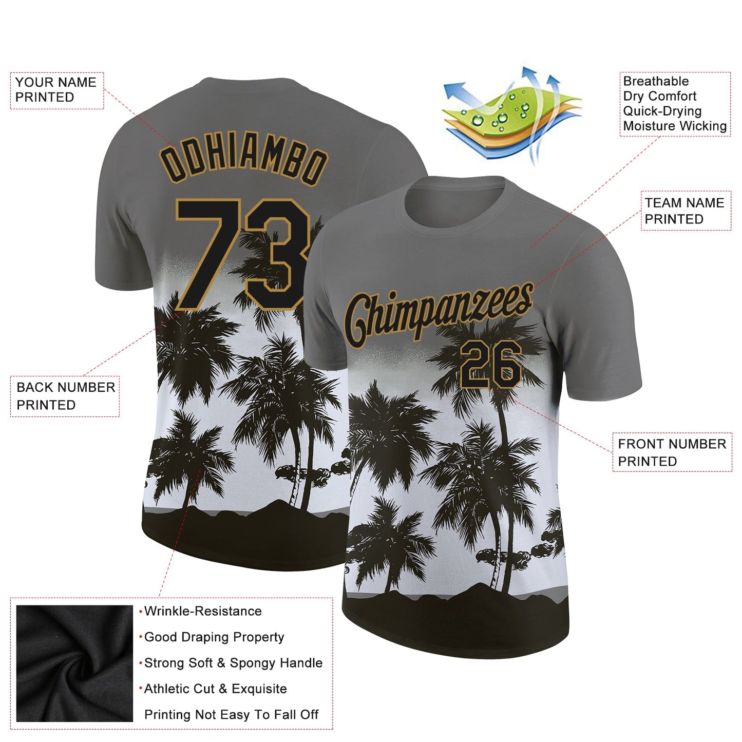 Custom Gray Black-Old Gold 3D Pattern Design Tropical Hawaii Palms Trees Performance T-Shirt view 2