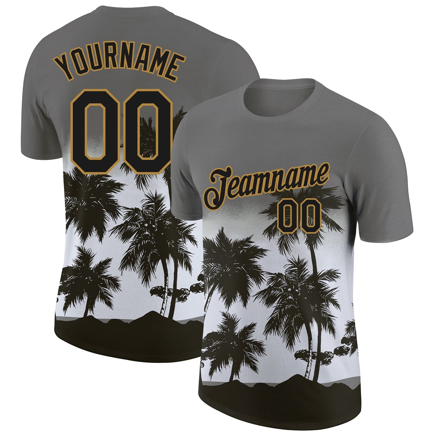 Custom Gray Black-Old Gold 3D Pattern Design Tropical Hawaii Palms Trees Performance T-Shirt - Main View