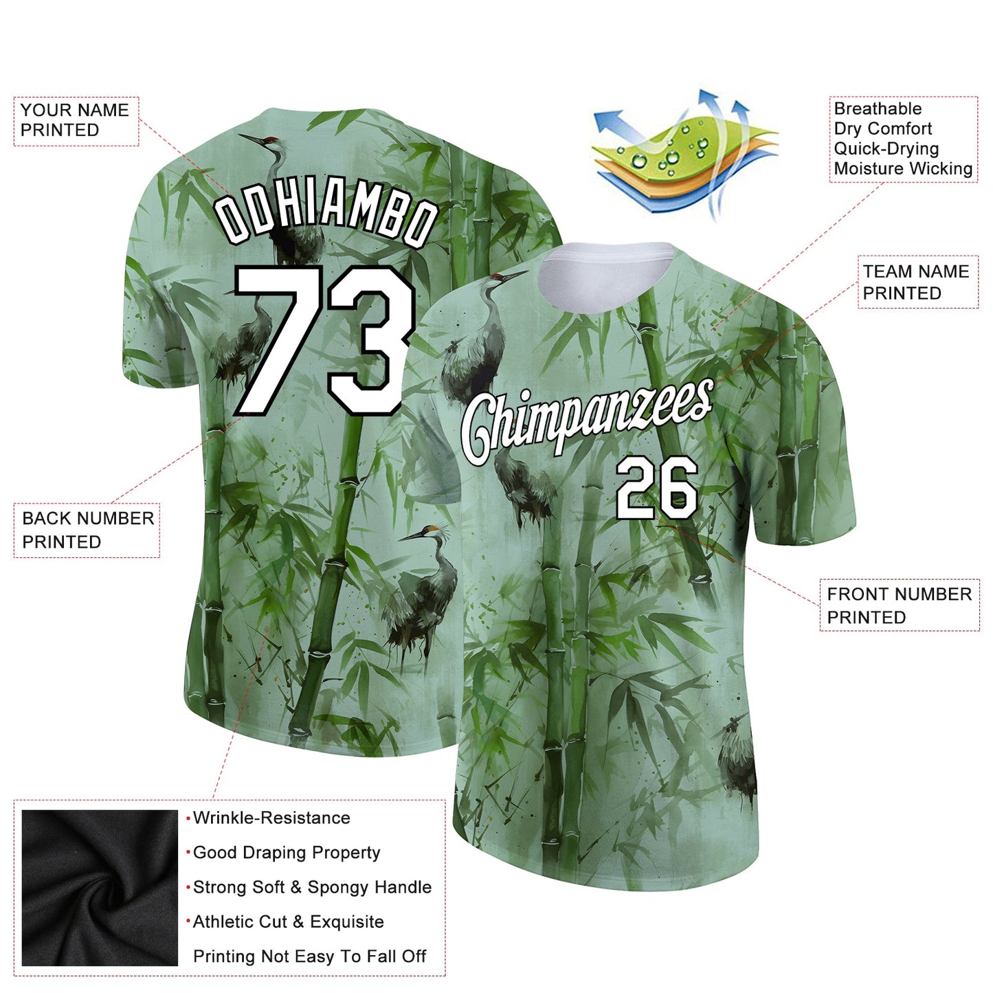 Custom Green White-Black 3D Pattern Design Bamboo And Crane Performance T-Shirt view 2