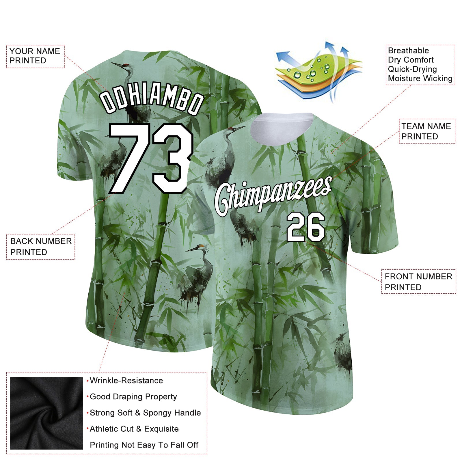 Custom Green White-Black 3D Pattern Design Bamboo And Crane Performance T-Shirt view 2