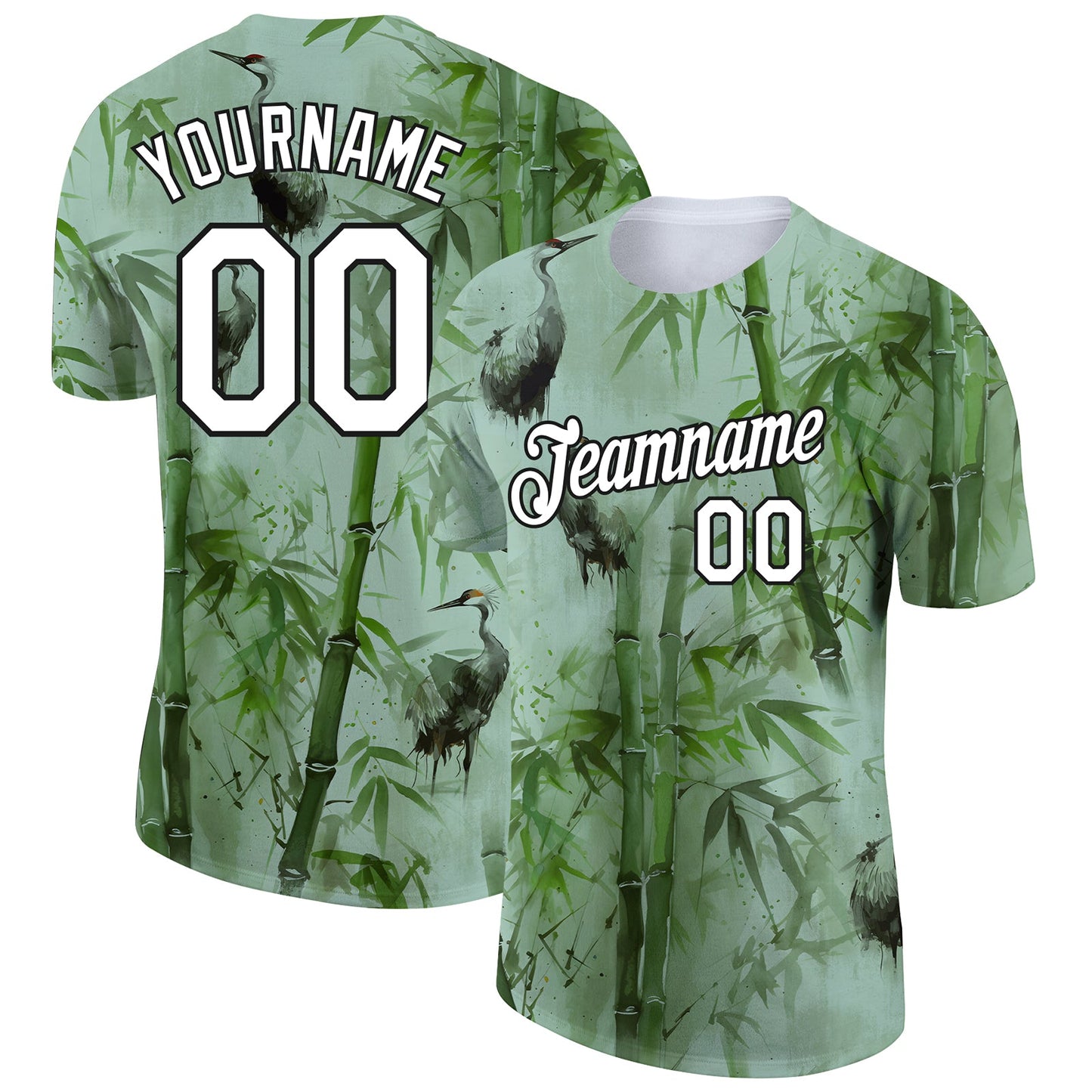 Custom Green White-Black 3D Pattern Design Bamboo And Crane Performance T-Shirt - Main View