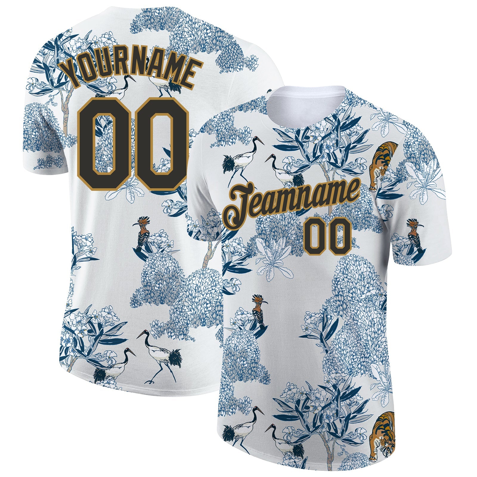Custom White Black-Old Gold 3D Pattern Design Plant And Animal Performance T-Shirt - Main View
