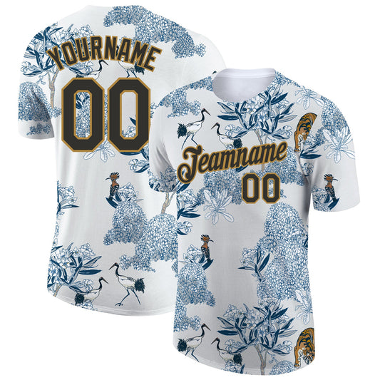Custom White Black-Old Gold 3D Pattern Design Plant And Animal Performance T-Shirt - Main View