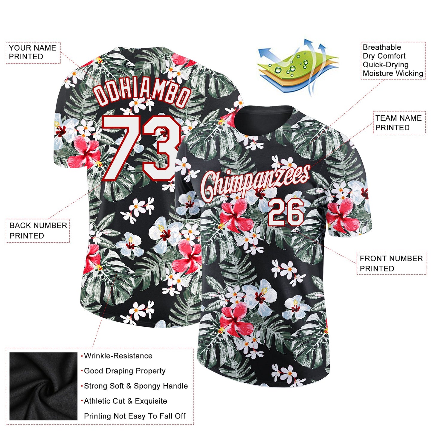 Custom Black White-Red 3D Pattern Design Tropical Hawaii Plant Performance T-Shirt view 2