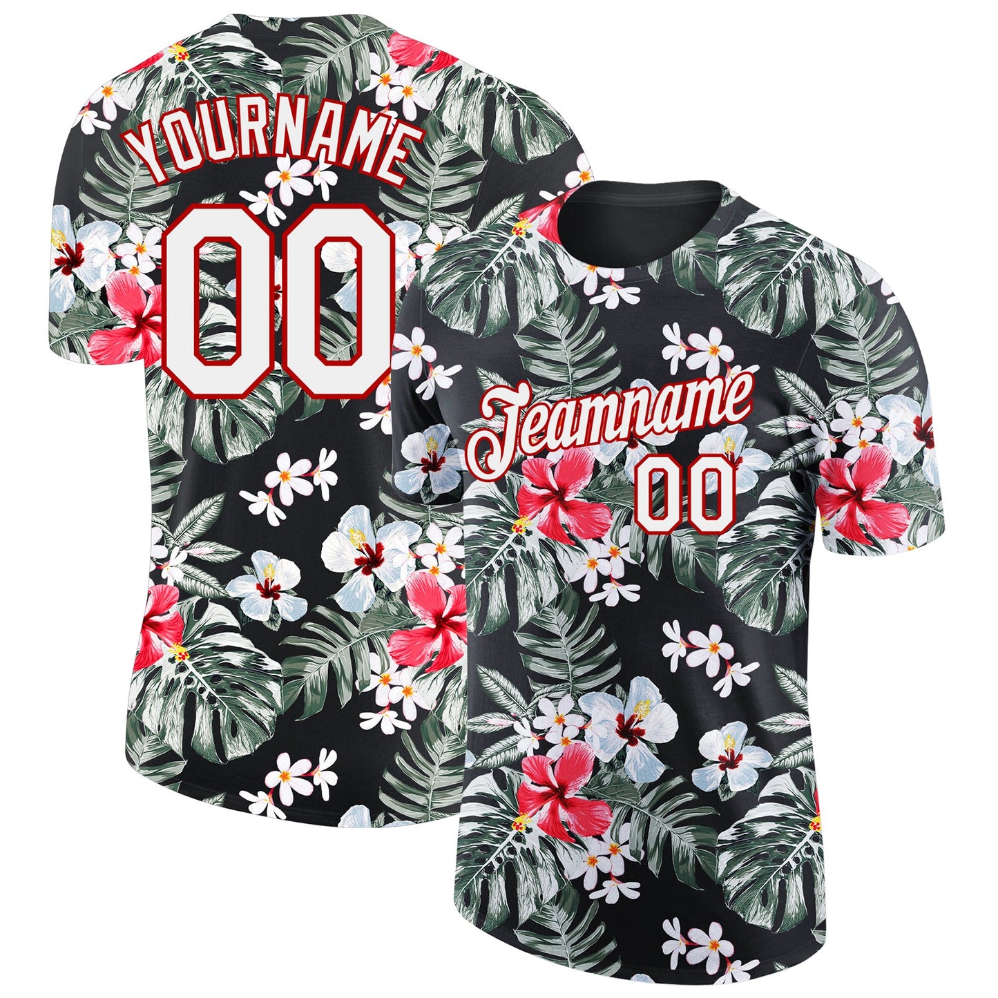 Custom Black White-Red 3D Pattern Design Tropical Hawaii Plant Performance T-Shirt - Main View