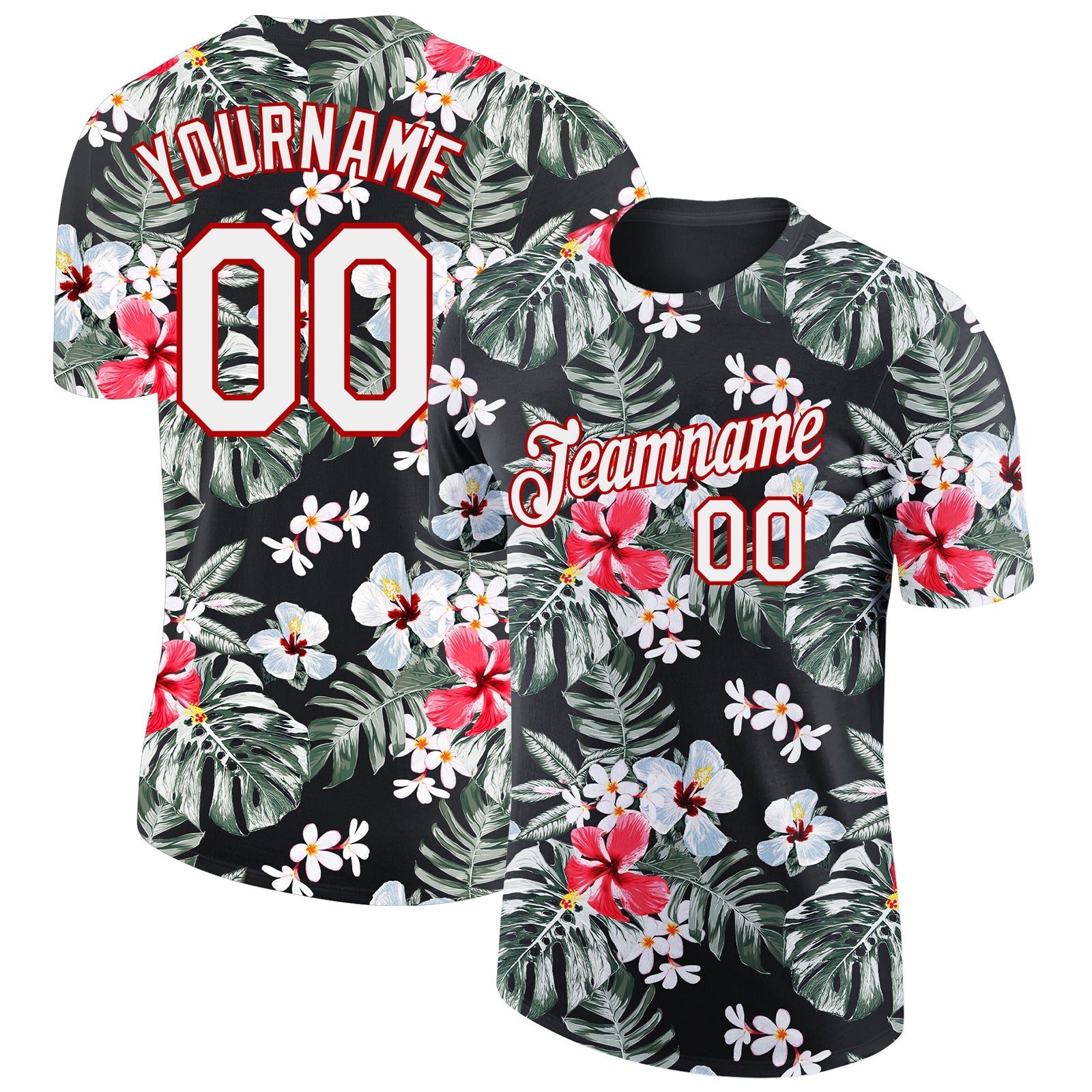 Custom Black White-Red 3D Pattern Design Tropical Hawaii Plant Performance T-Shirt - Main View