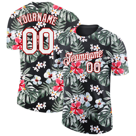 Custom Black White-Red 3D Pattern Design Tropical Hawaii Plant Performance T-Shirt - Main View