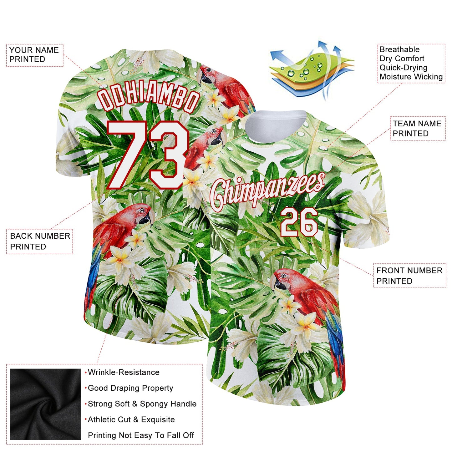 Custom White Red 3D Pattern Design Tropical Hawaii Plant With Bird Performance T-Shirt view 2