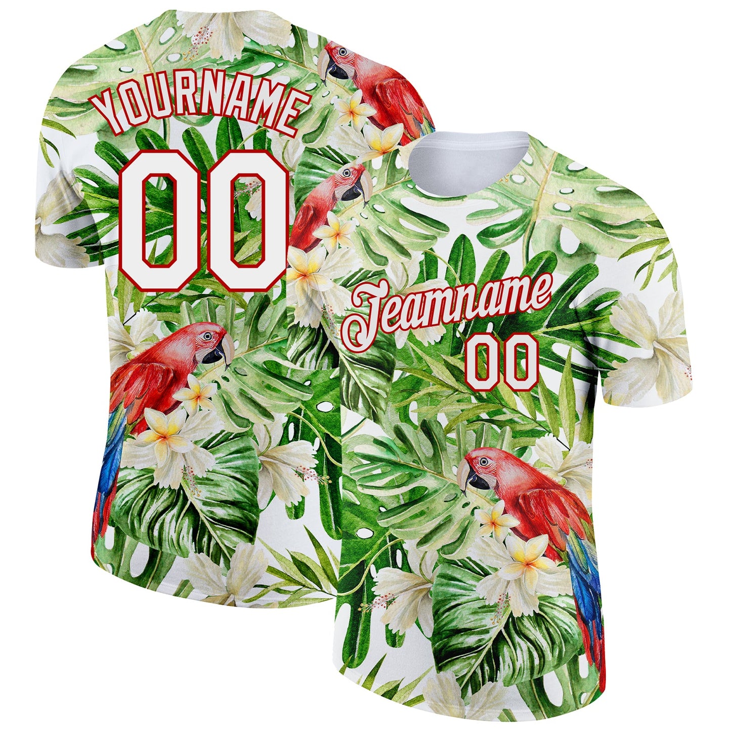 Custom White Red 3D Pattern Design Tropical Hawaii Plant With Bird Performance T-Shirt - Main View