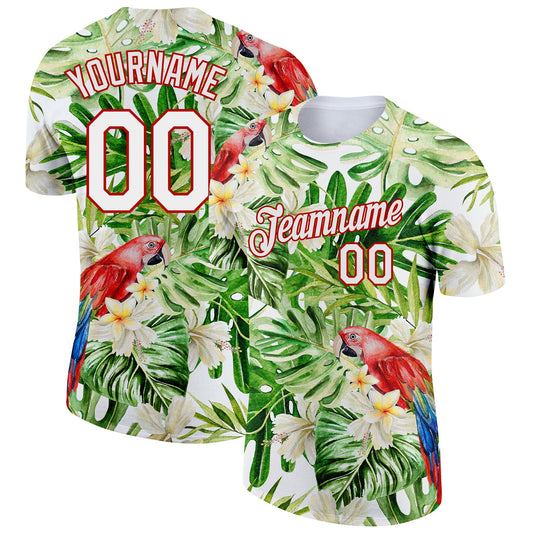 Custom White Red 3D Pattern Design Tropical Hawaii Plant With Bird Performance T-Shirt - Main View