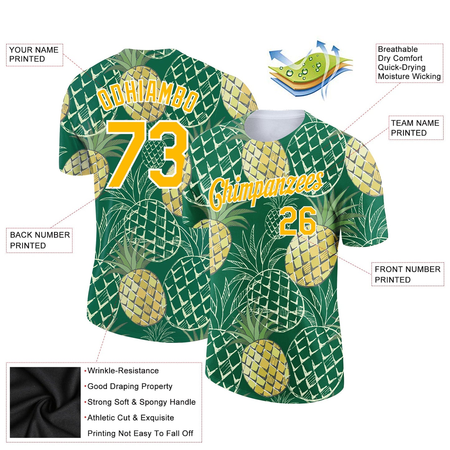 Custom Kelly Green Gold-White 3D Pattern Design Summer Holiday Pineapple Performance T-Shirt view 2