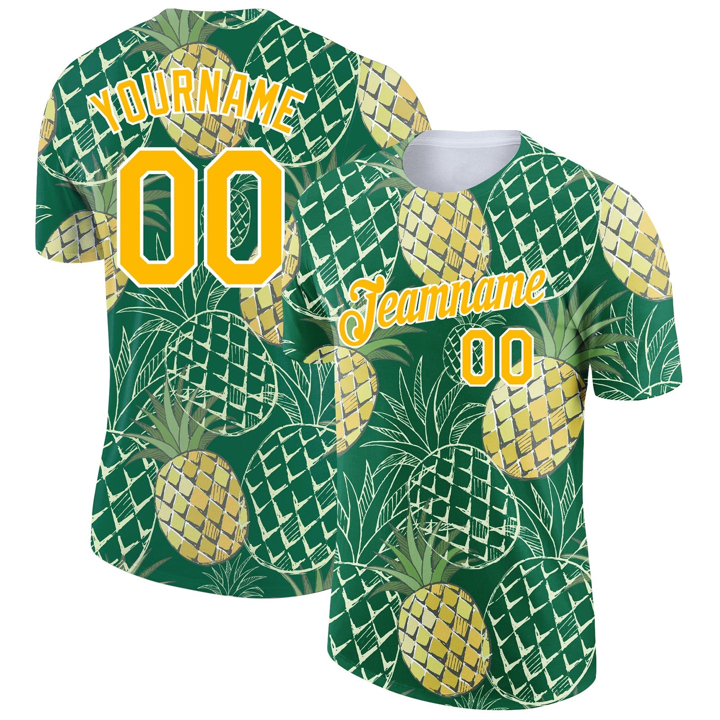 Custom Kelly Green Gold-White 3D Pattern Design Summer Holiday Pineapple Performance T-Shirt - Main View