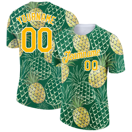 Custom Kelly Green Gold-White 3D Pattern Design Summer Holiday Pineapple Performance T-Shirt - Main View