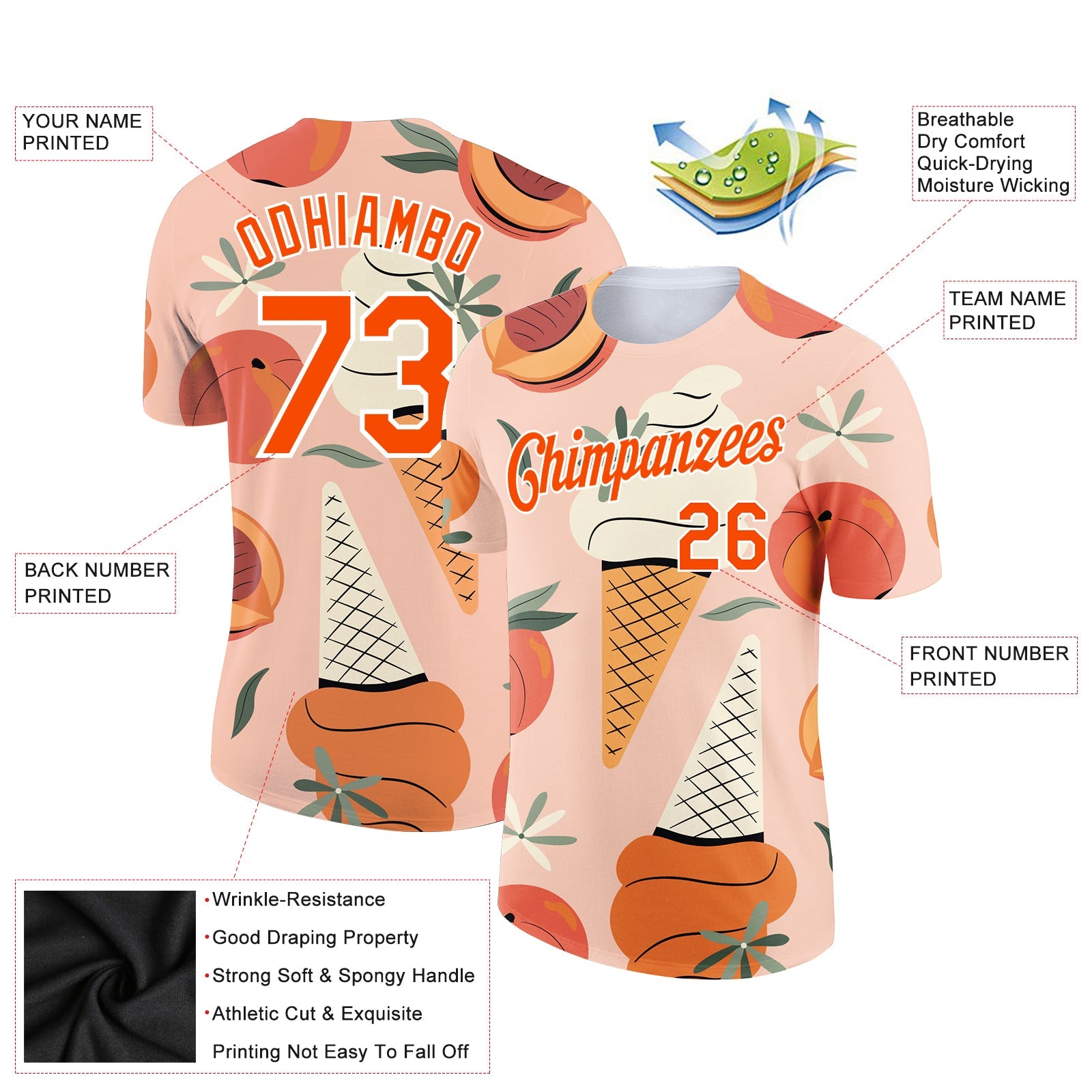 Custom Medium Pink Orange-White 3D Pattern Design Summer Holiday Ice Cream And Fruit Performance T-Shirt view 2