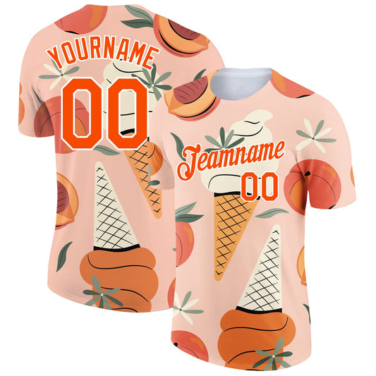 Custom Medium Pink Orange-White 3D Pattern Design Summer Holiday Ice Cream And Fruit Performance T-Shirt - Main View