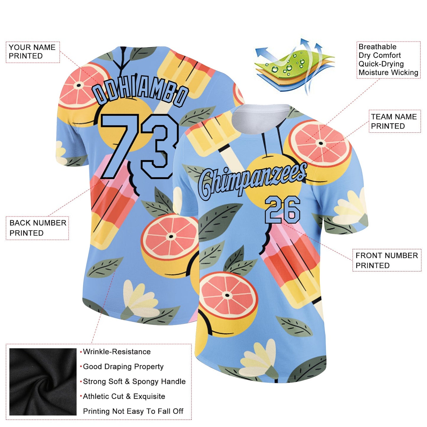 Custom Light Blue Black 3D Pattern Design Summer Holiday Ice Cream And Fruit Performance T-Shirt view 2