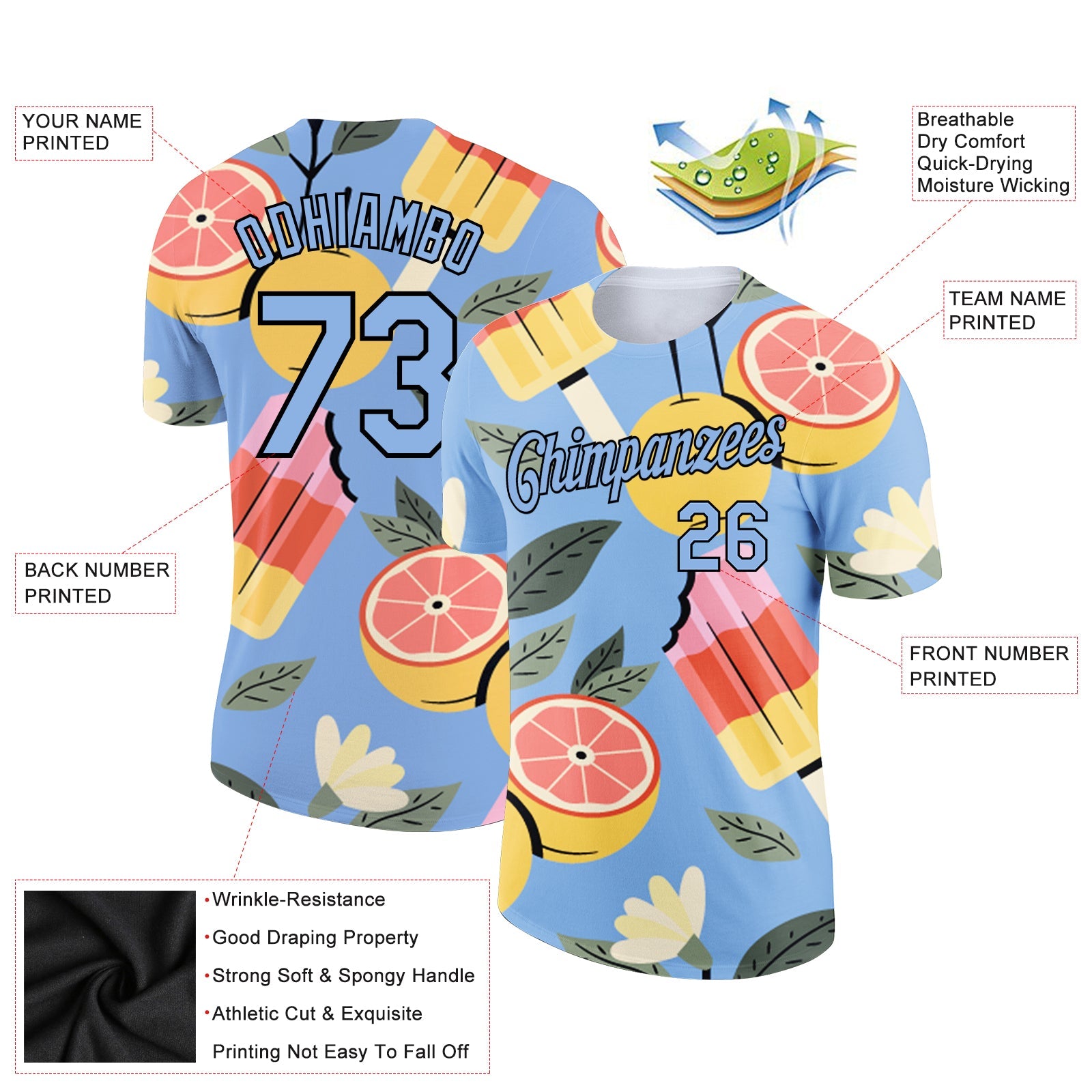 Custom Light Blue Black 3D Pattern Design Summer Holiday Ice Cream And Fruit Performance T-Shirt view 2
