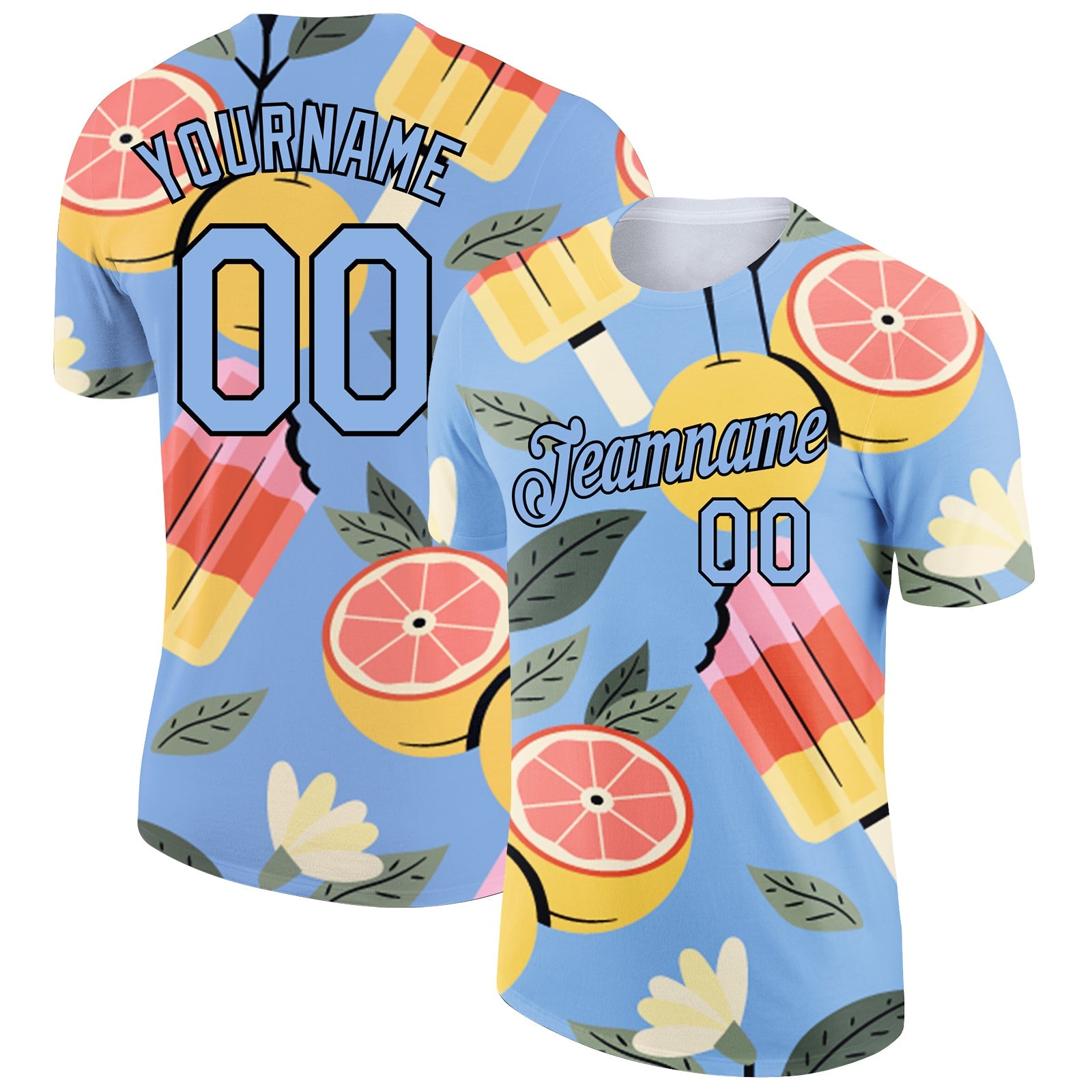 Custom Light Blue Black 3D Pattern Design Summer Holiday Ice Cream And Fruit Performance T-Shirt - Main View