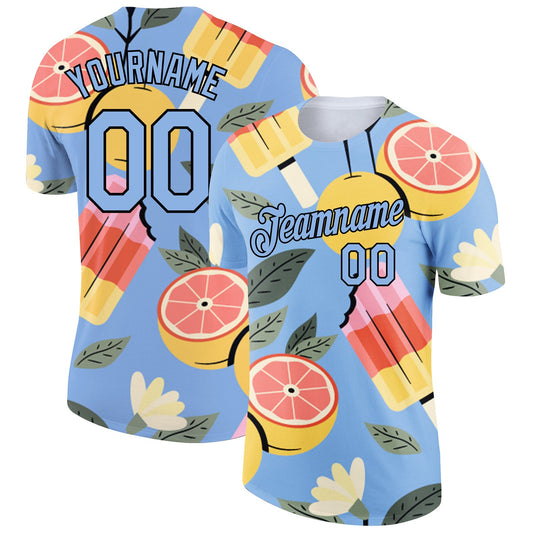 Custom Light Blue Black 3D Pattern Design Summer Holiday Ice Cream And Fruit Performance T-Shirt - Main View
