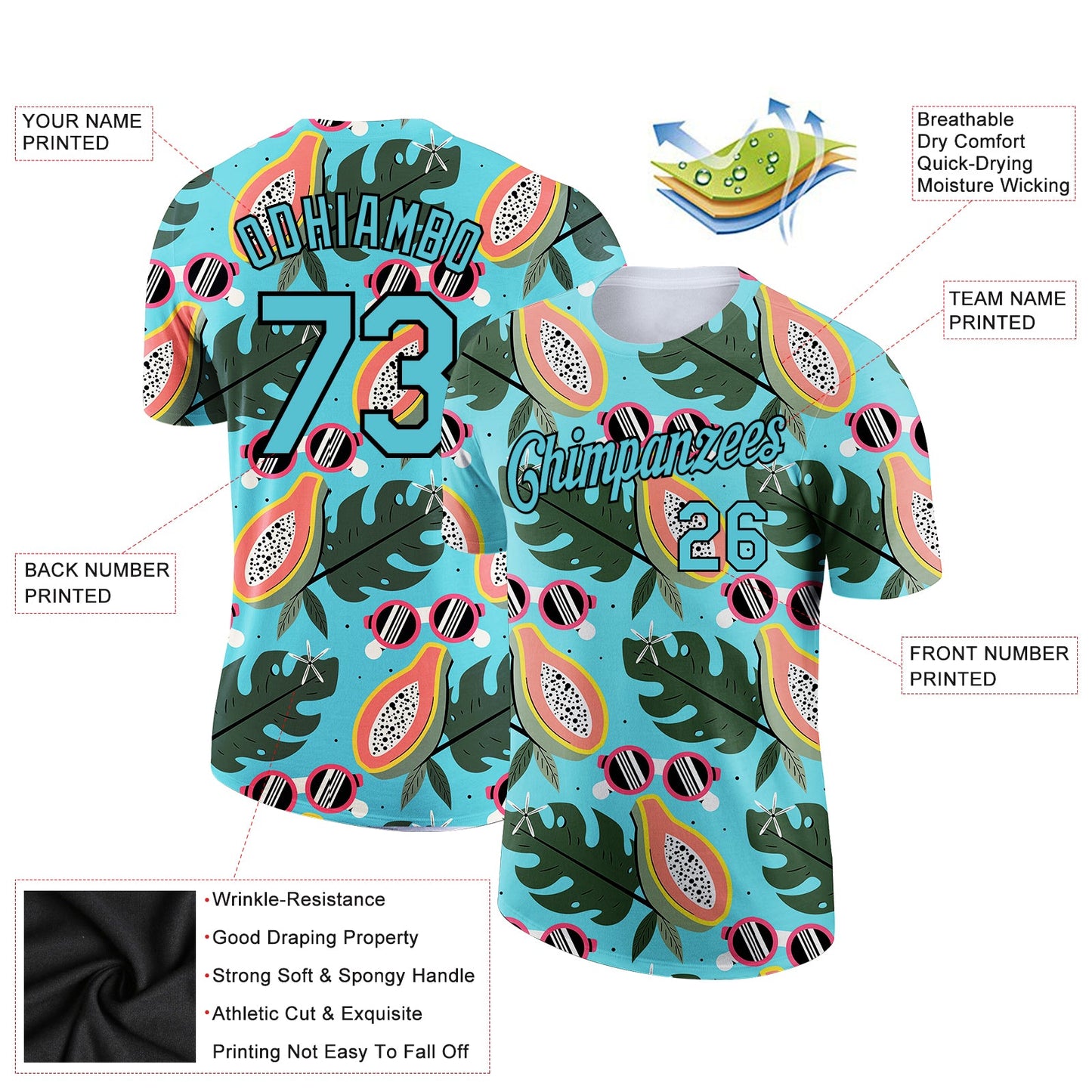 Custom Lakes Blue Black 3D Pattern Design Summer Holiday Fruit Performance T-Shirt view 2
