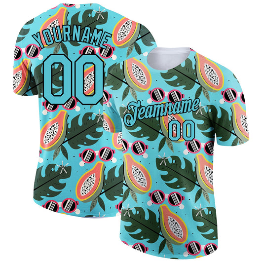 Custom Lakes Blue Black 3D Pattern Design Summer Holiday Fruit Performance T-Shirt - Main View