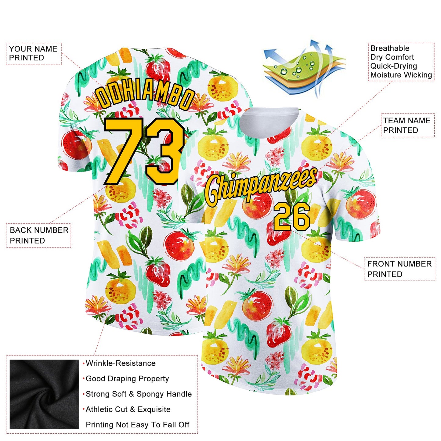 Custom White Gold-Black 3D Pattern Design Summer Holiday Fruit Performance T-Shirt view 2