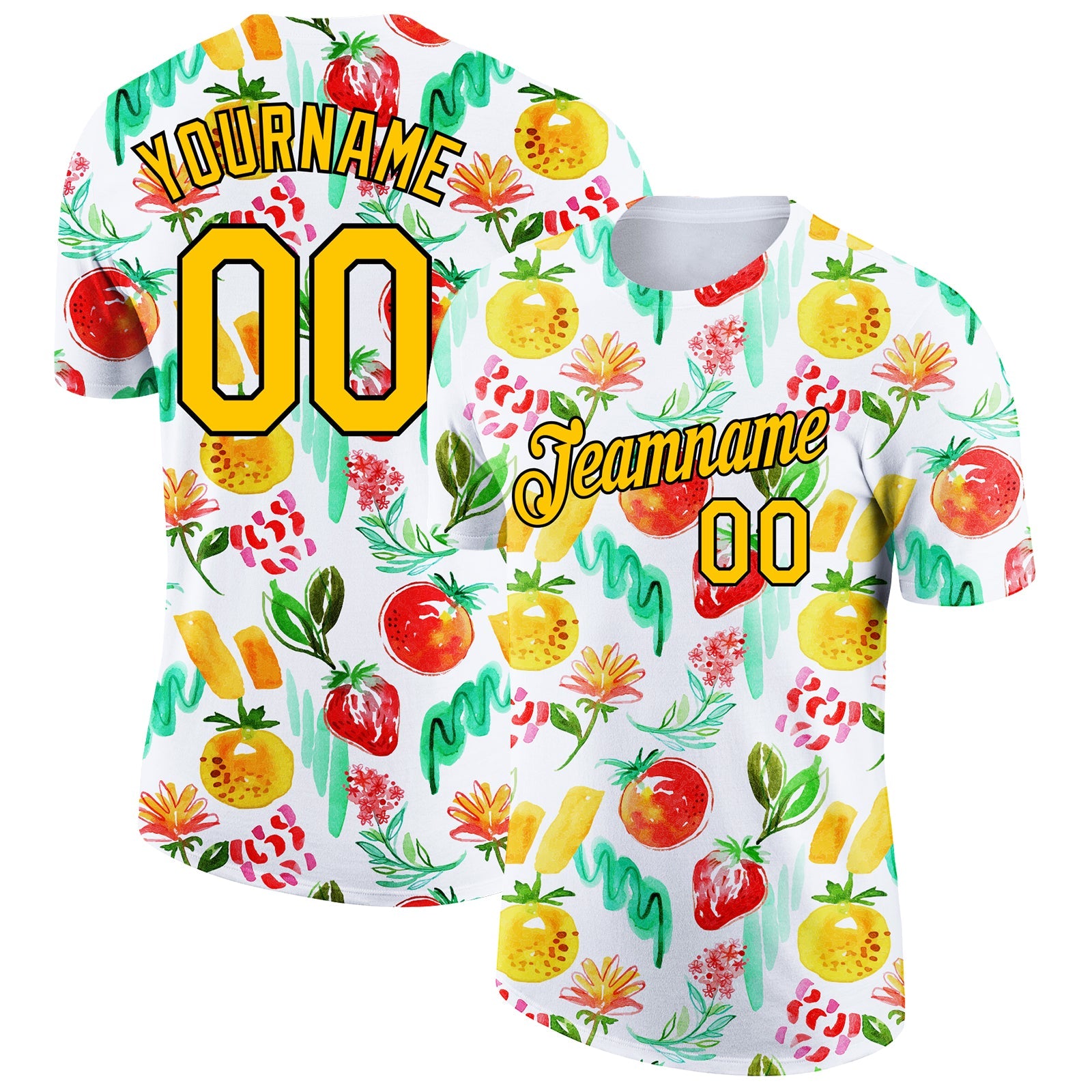 Custom White Gold-Black 3D Pattern Design Summer Holiday Fruit Performance T-Shirt - Main View