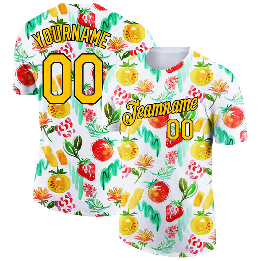 Custom White Gold-Black 3D Pattern Design Summer Holiday Fruit Performance T-Shirt - Main View