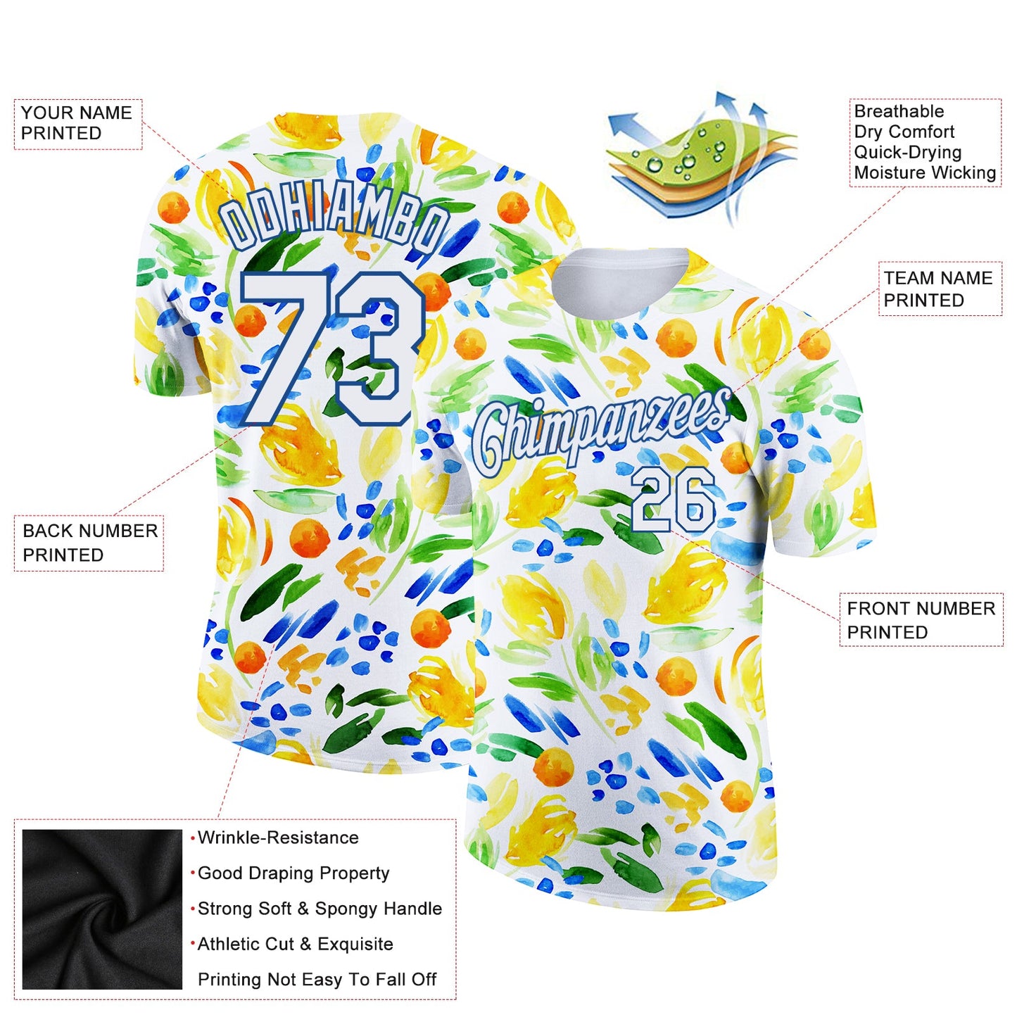 Custom White Blue 3D Pattern Design Summer Holiday Abstract Plant Performance T-Shirt view 2