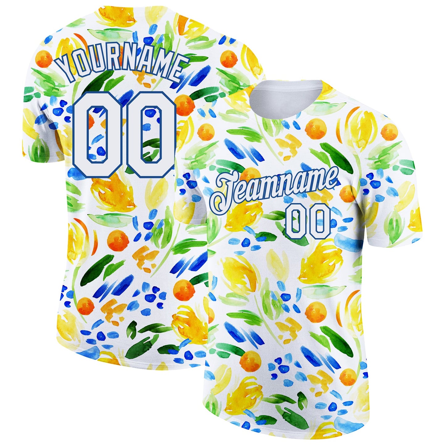 Custom White Blue 3D Pattern Design Summer Holiday Abstract Plant Performance T-Shirt - Main View