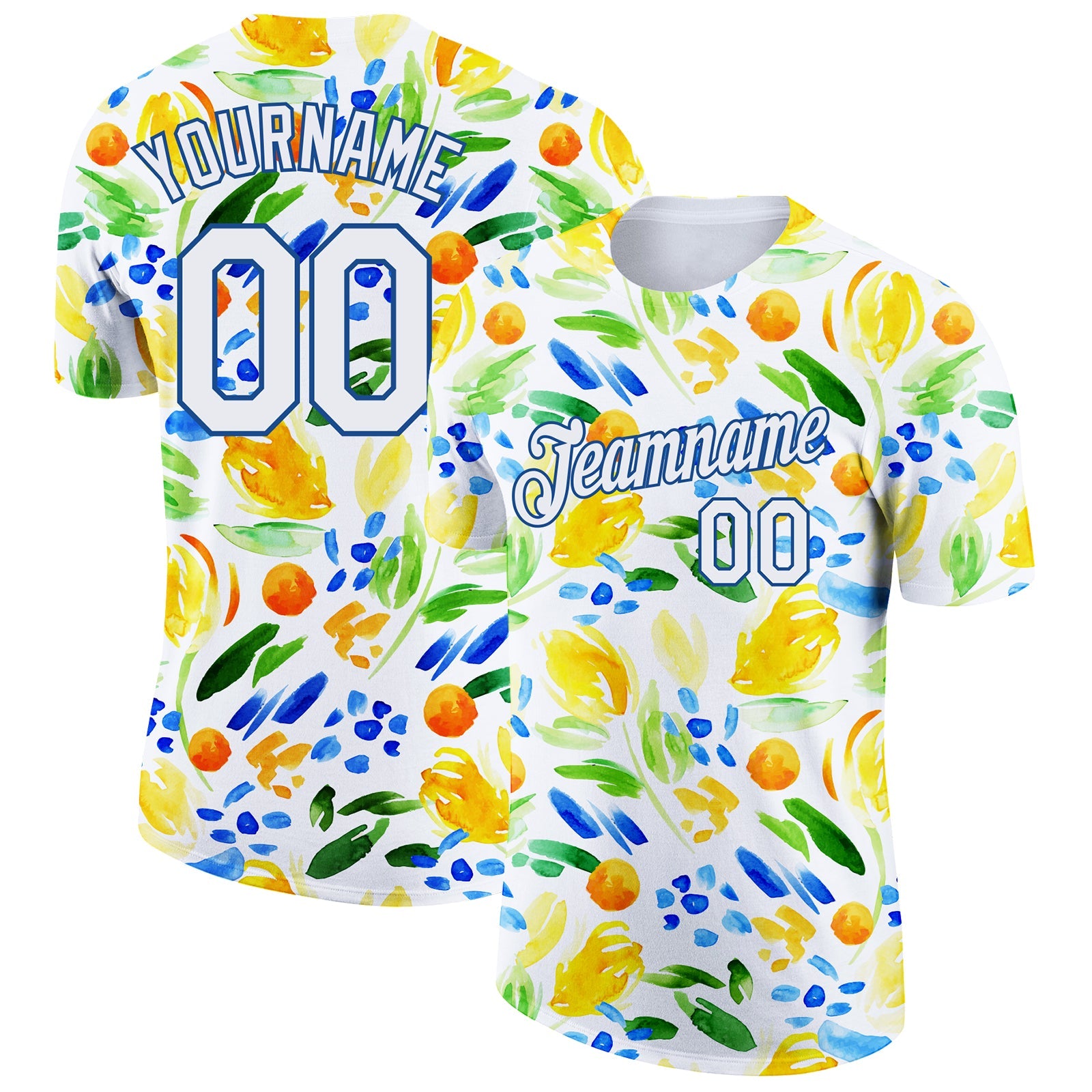 Custom White Blue 3D Pattern Design Summer Holiday Abstract Plant Performance T-Shirt - Main View