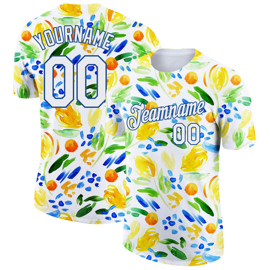 Custom White Blue 3D Pattern Design Summer Holiday Abstract Plant Performance T-Shirt - Main View