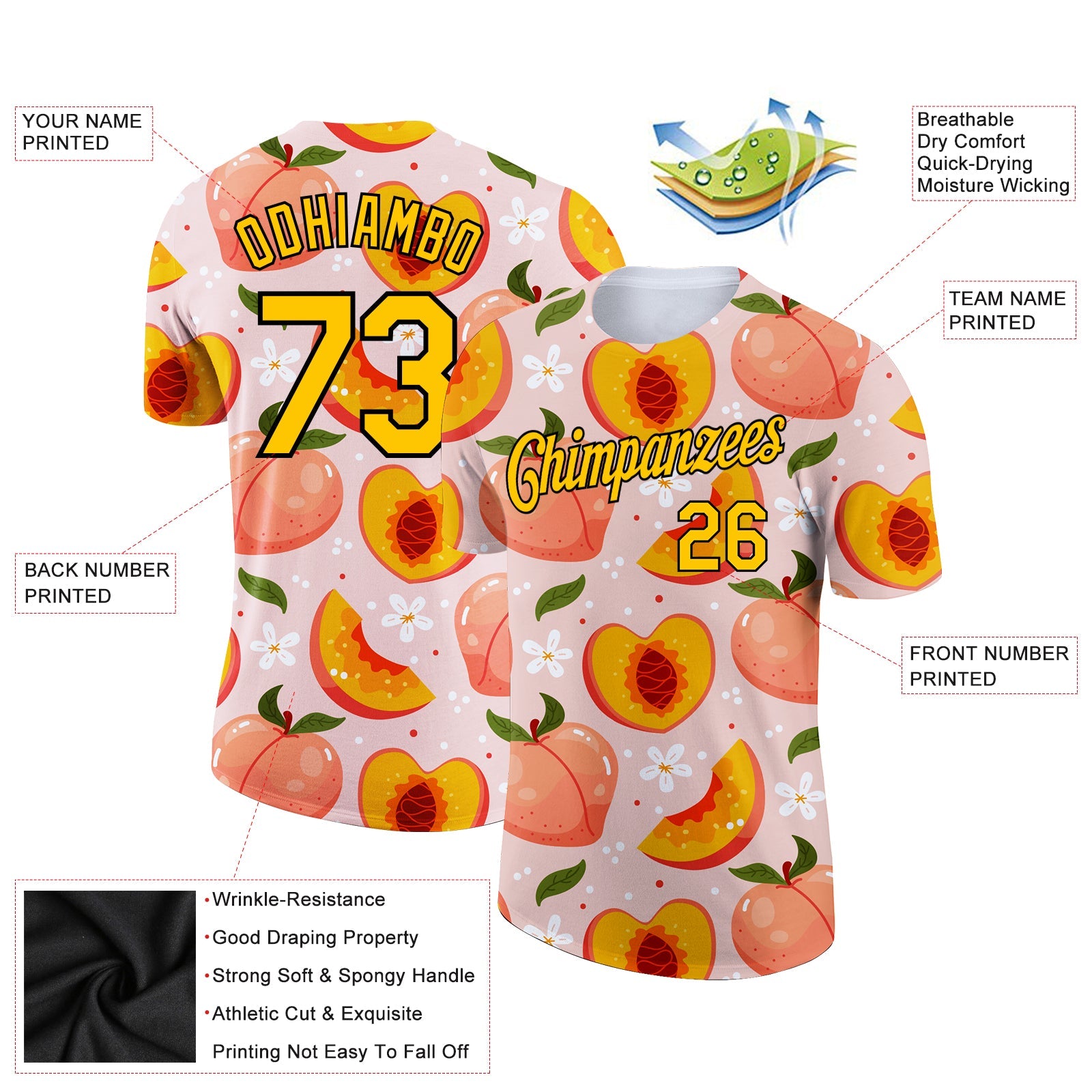 Custom Medium Pink Gold-Black 3D Pattern Design Summer Holiday Peach Performance T-Shirt view 2