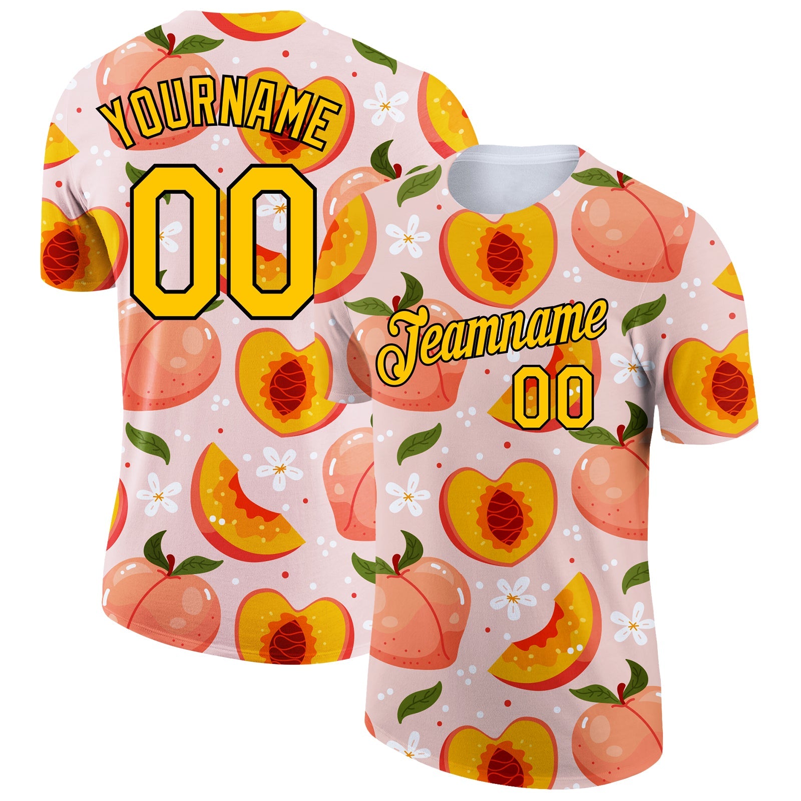 Custom Medium Pink Gold-Black 3D Pattern Design Summer Holiday Peach Performance T-Shirt - Main View