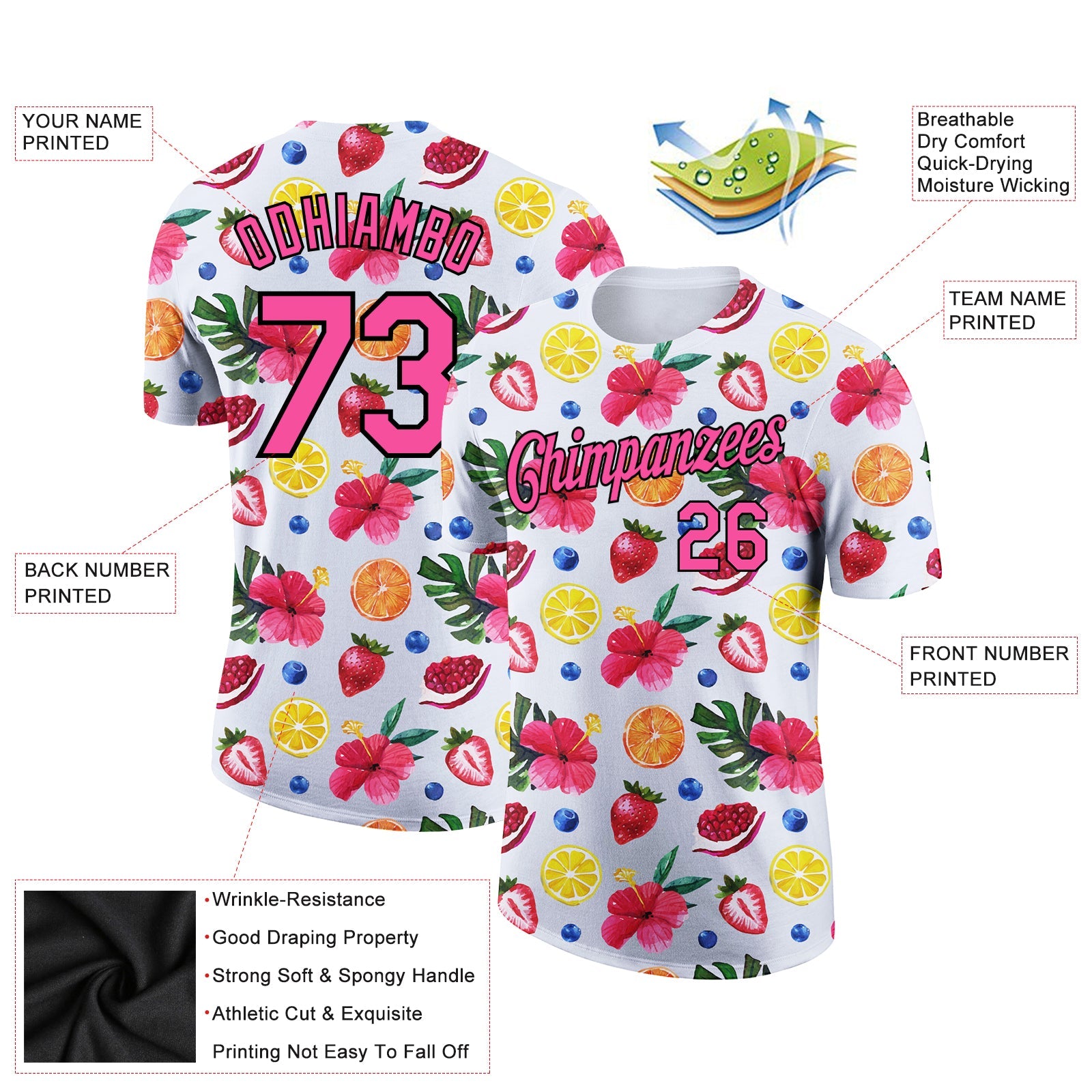 Custom White Pink-Black 3D Pattern Design Summer Holiday Fruit And Flower Performance T-Shirt view 2