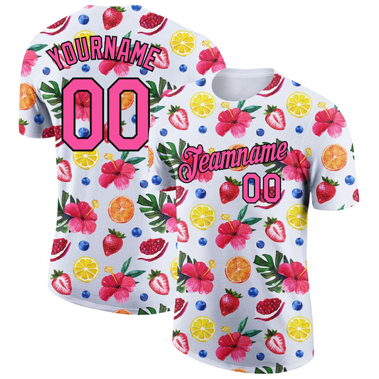 Custom White Pink-Black 3D Pattern Design Summer Holiday Fruit And Flower Performance T-Shirt - Main View