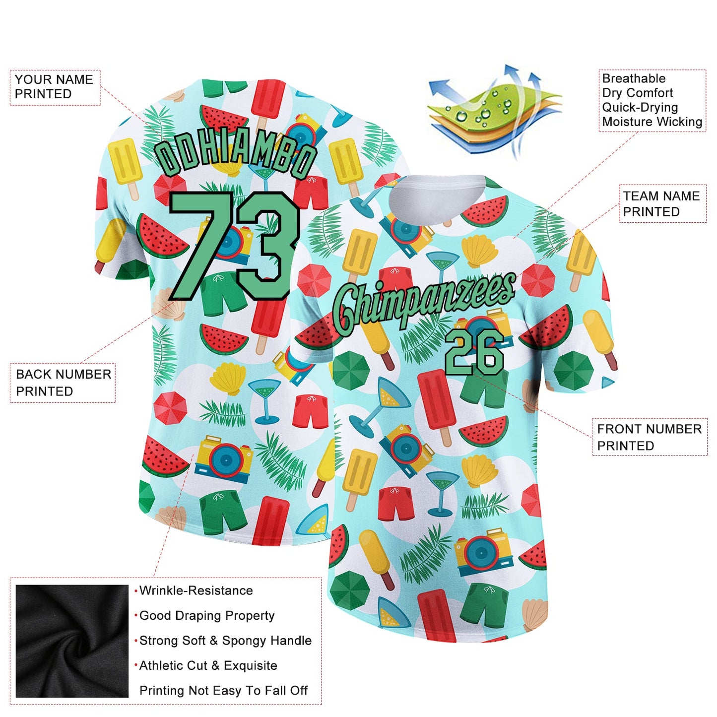 Custom White Pea Green-Black 3D Pattern Design Summer Holiday Fruit Performance T-Shirt view 2