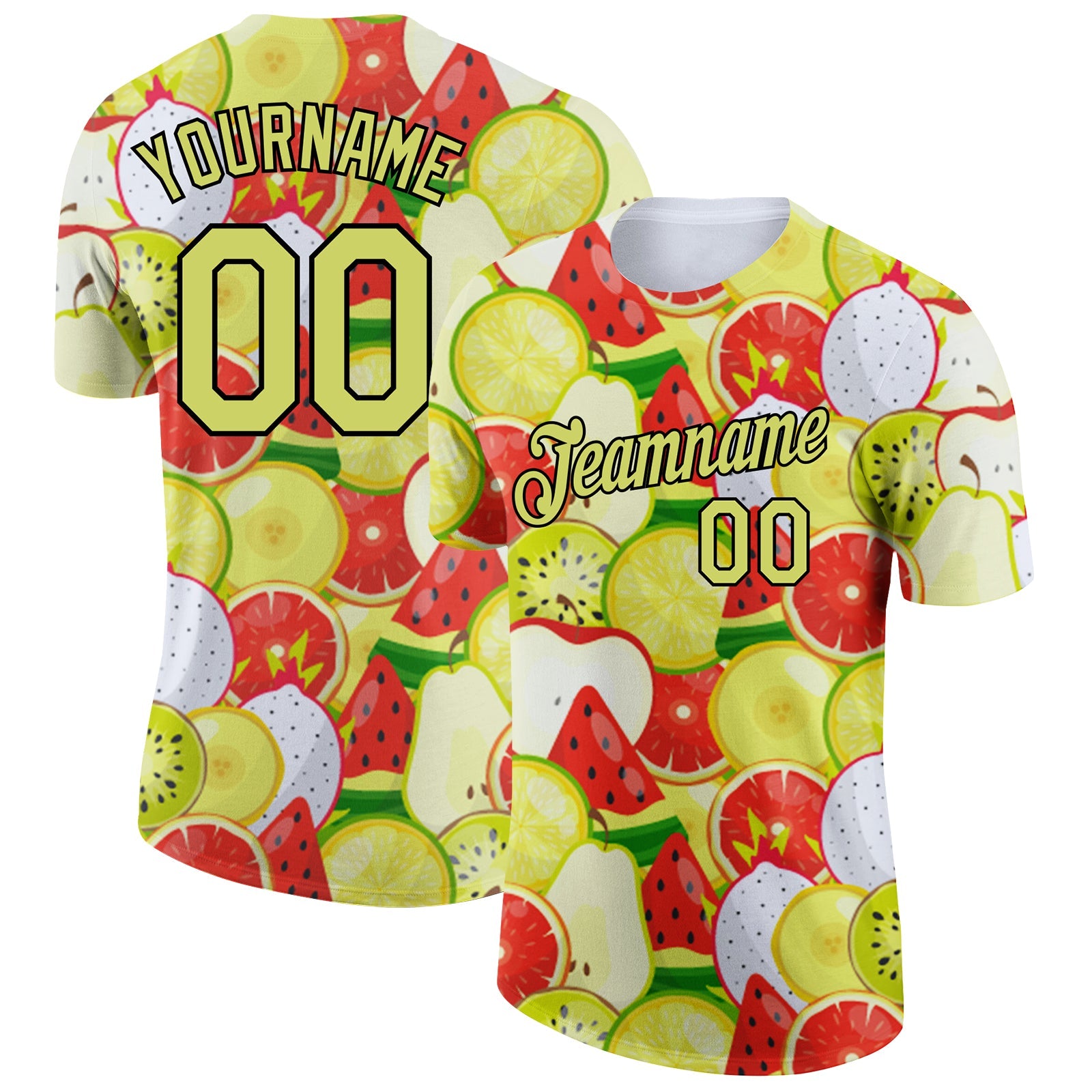 Custom White Neon Yellow-Black 3D Pattern Design Summer Holiday Fruit Performance T-Shirt - Main View