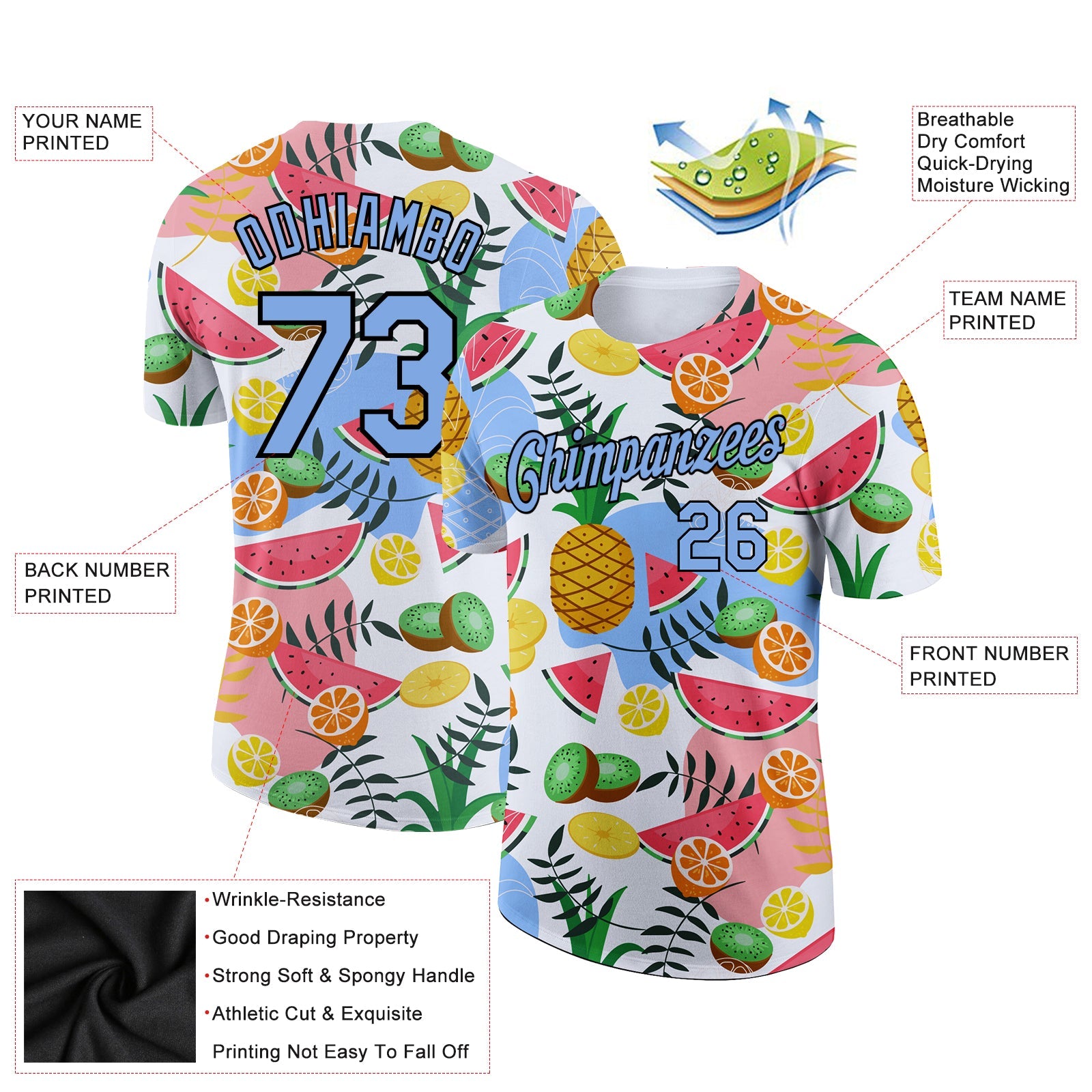 Custom White Light Blue-Black 3D Pattern Design Summer Holiday Fruit Performance T-Shirt view 2