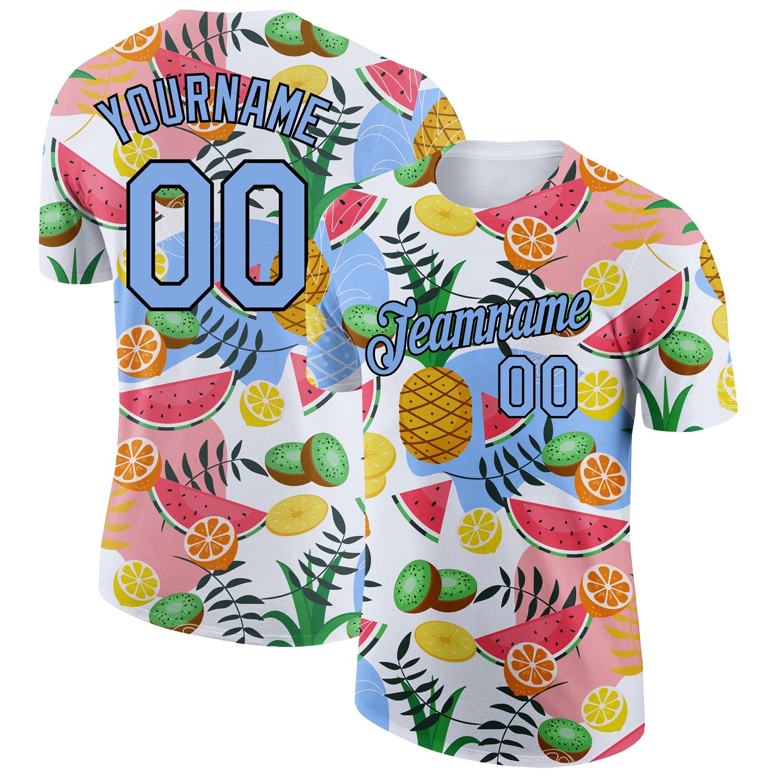 Custom White Light Blue-Black 3D Pattern Design Summer Holiday Fruit Performance T-Shirt - Main View