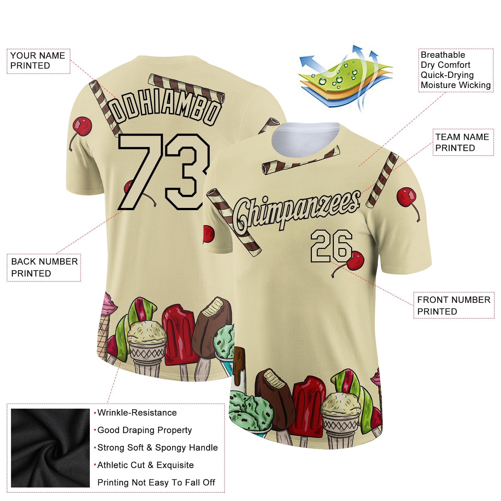 Custom City Cream Black 3D Pattern Design Summer Holiday Ice Cream Performance T-Shirt view 2