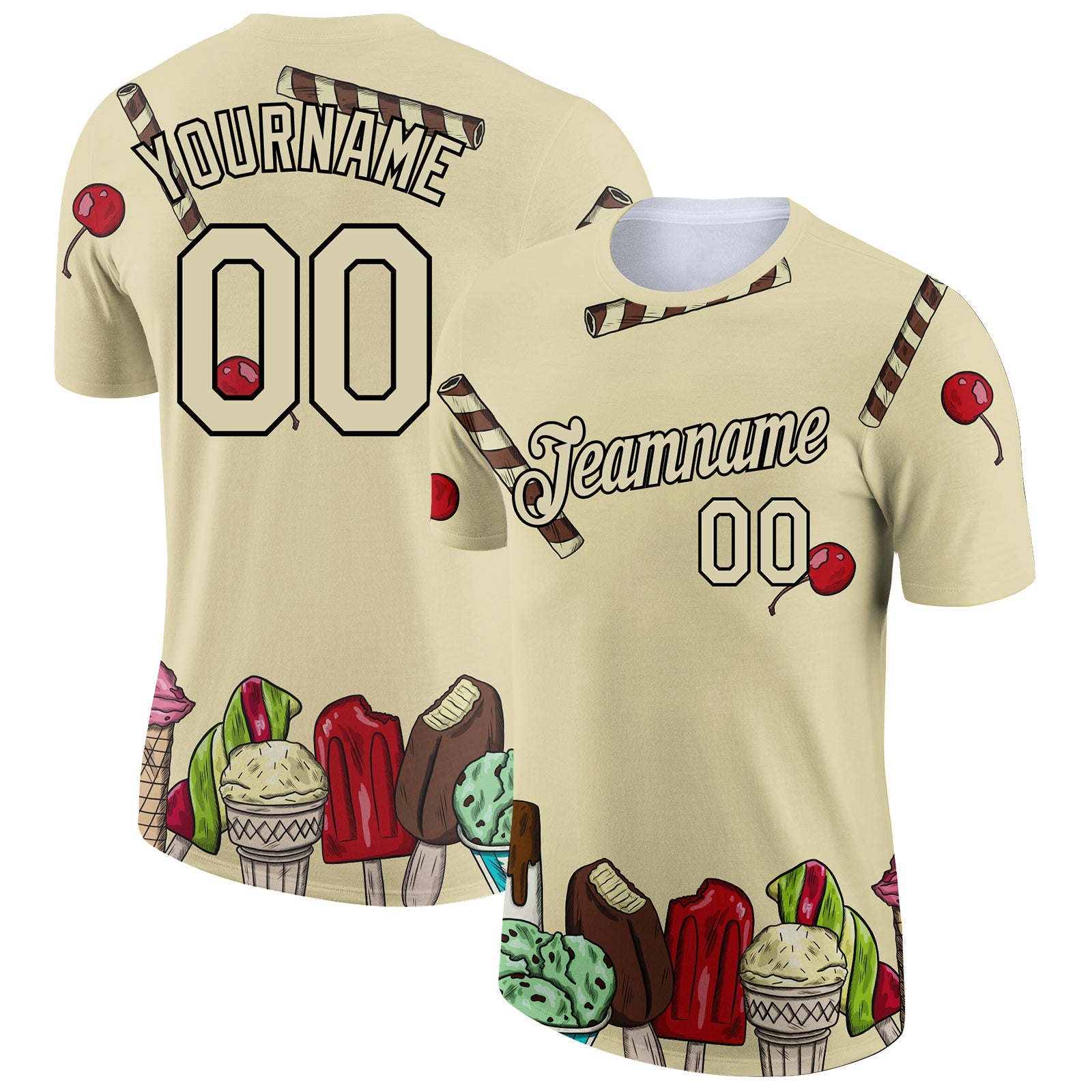 Custom City Cream Black 3D Pattern Design Summer Holiday Ice Cream Performance T-Shirt - Main View