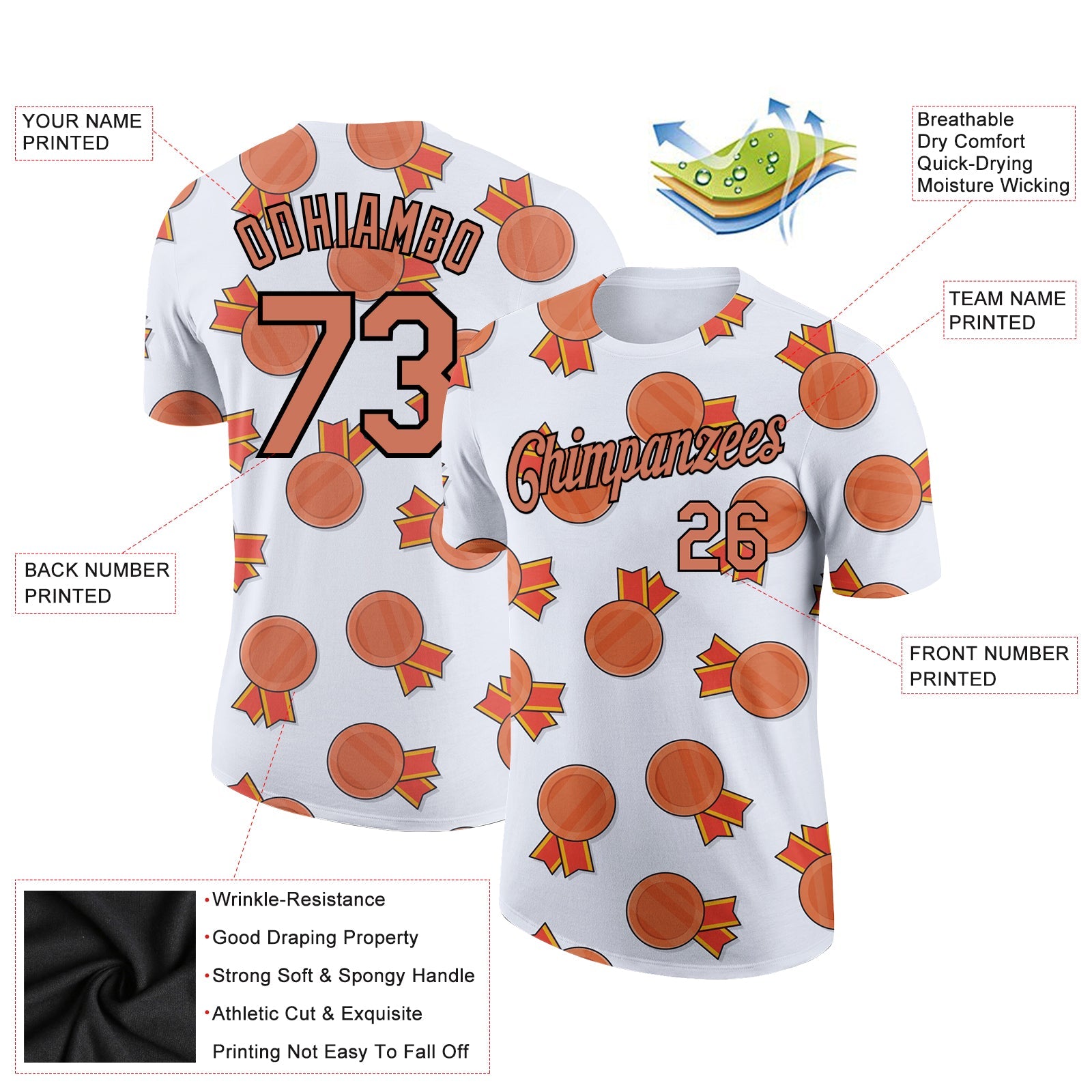 Custom White Bay Orange-Black 3D Pattern Design Medals Performance T-Shirt view 2