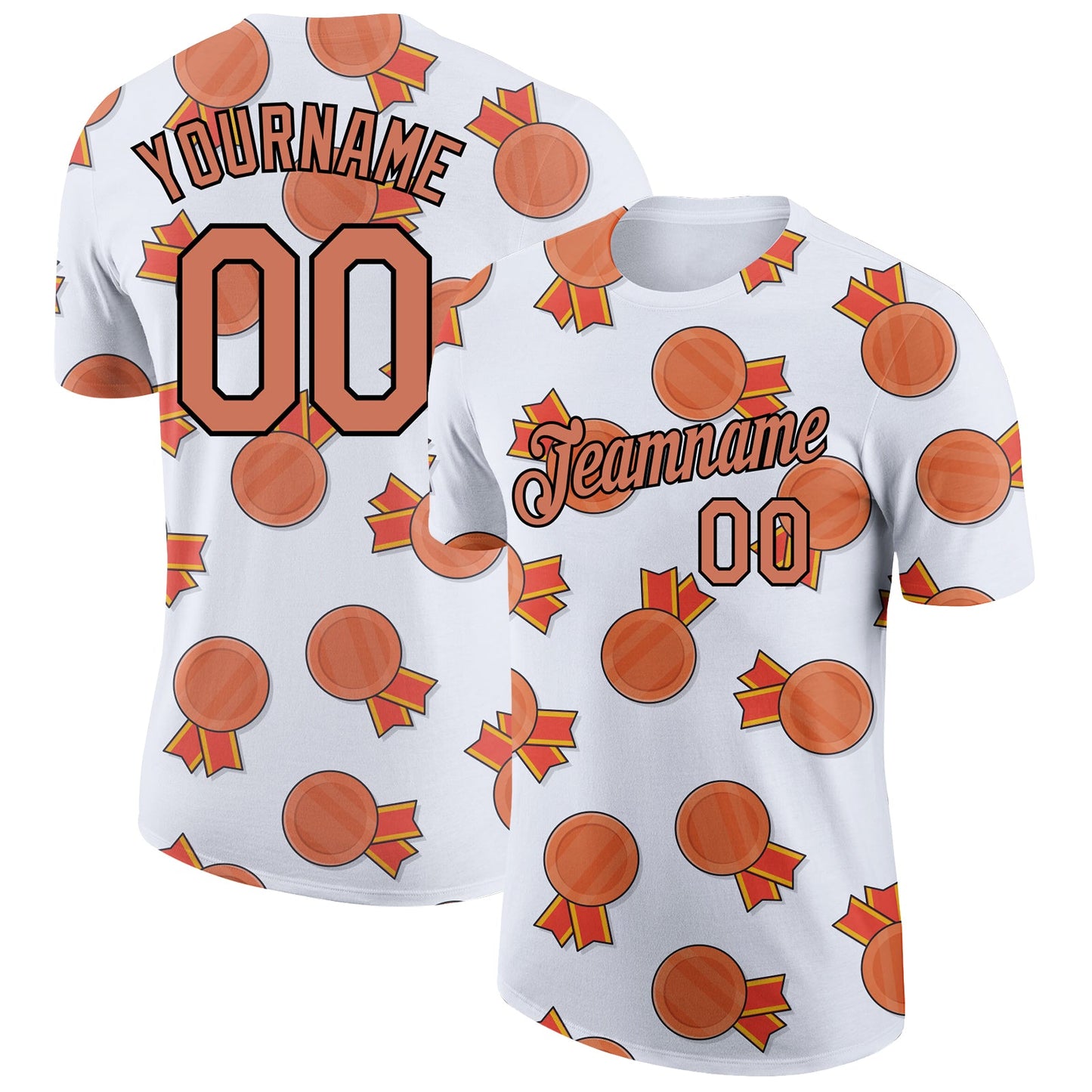 Custom White Bay Orange-Black 3D Pattern Design Medals Performance T-Shirt - Main View