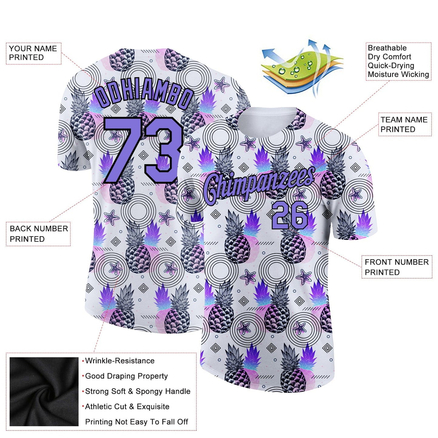 Custom White Purple-Black 3D Pattern Design Summer Holiday Pineapple Performance T-Shirt view 2