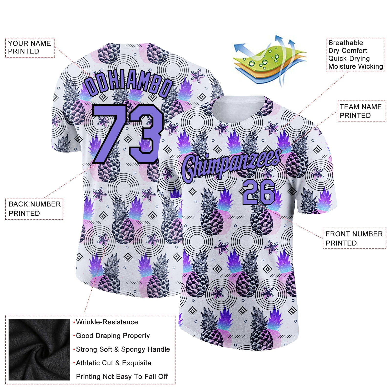 Custom White Purple-Black 3D Pattern Design Summer Holiday Pineapple Performance T-Shirt view 2