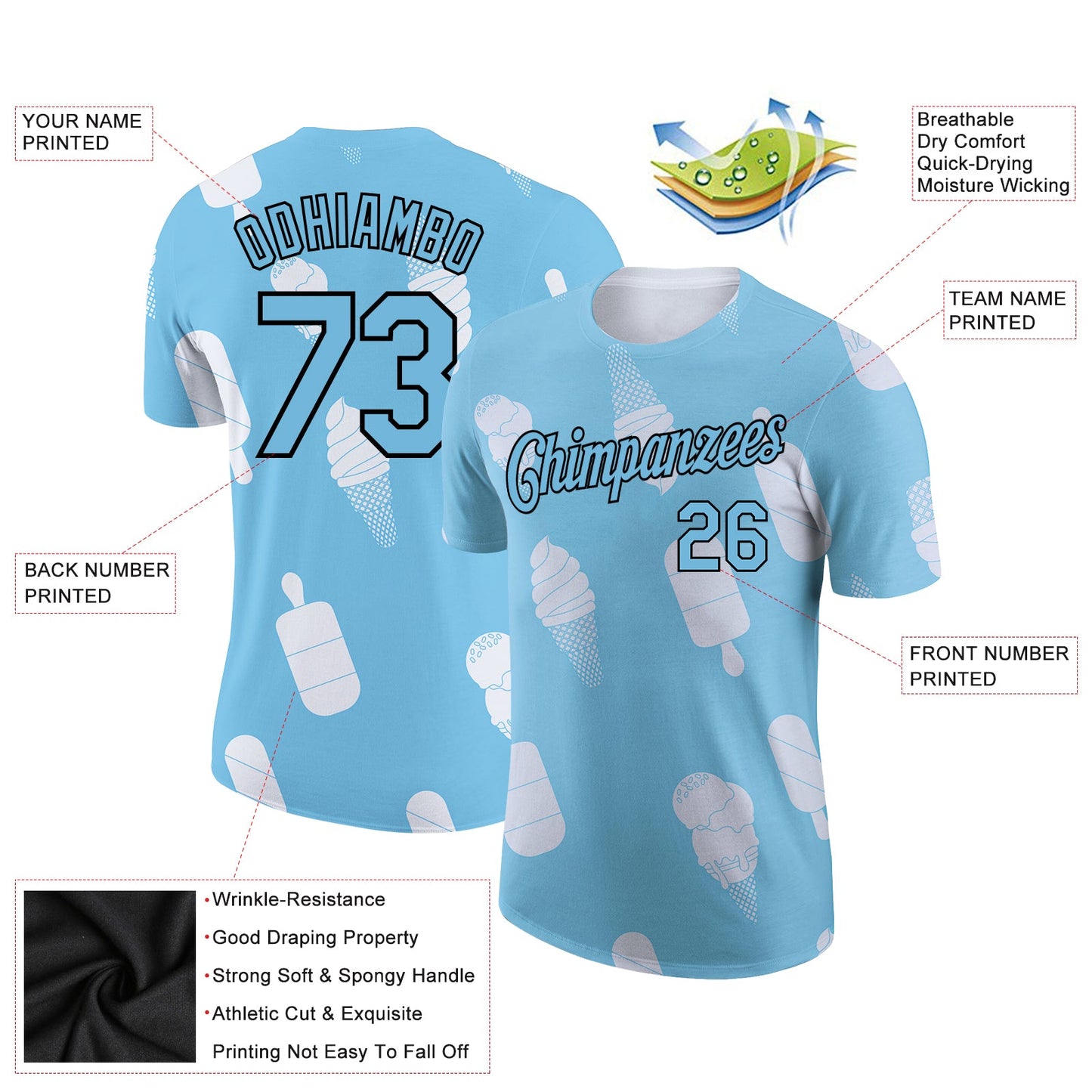 Custom Sky Blue Black-White 3D Pattern Design Summer Holiday Ice Cream Performance T-Shirt view 2