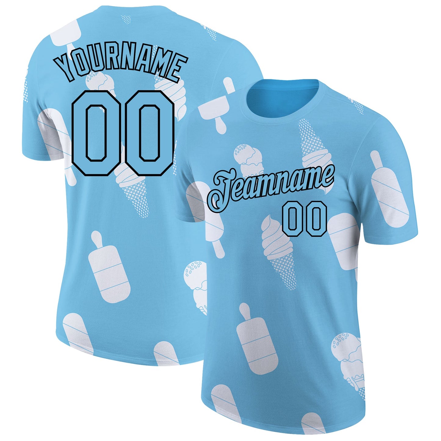 Custom Sky Blue Black-White 3D Pattern Design Summer Holiday Ice Cream Performance T-Shirt - Main View